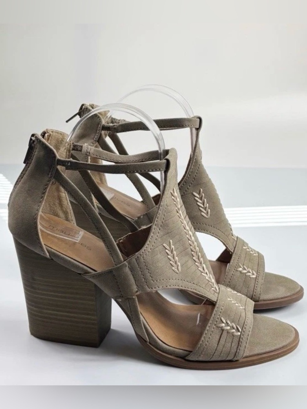 Maurice Elsy Taupe Open Toe Block Heels Woven Strappy Sandals Women Size 9M